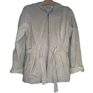 Leather Limited Jacket Womens Medium Beige Zip Hooded Belted Faux Fur Lined